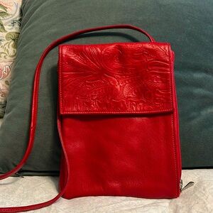 Lew N Me Crossbody Red Tooled Leather Bag Made In Colorado